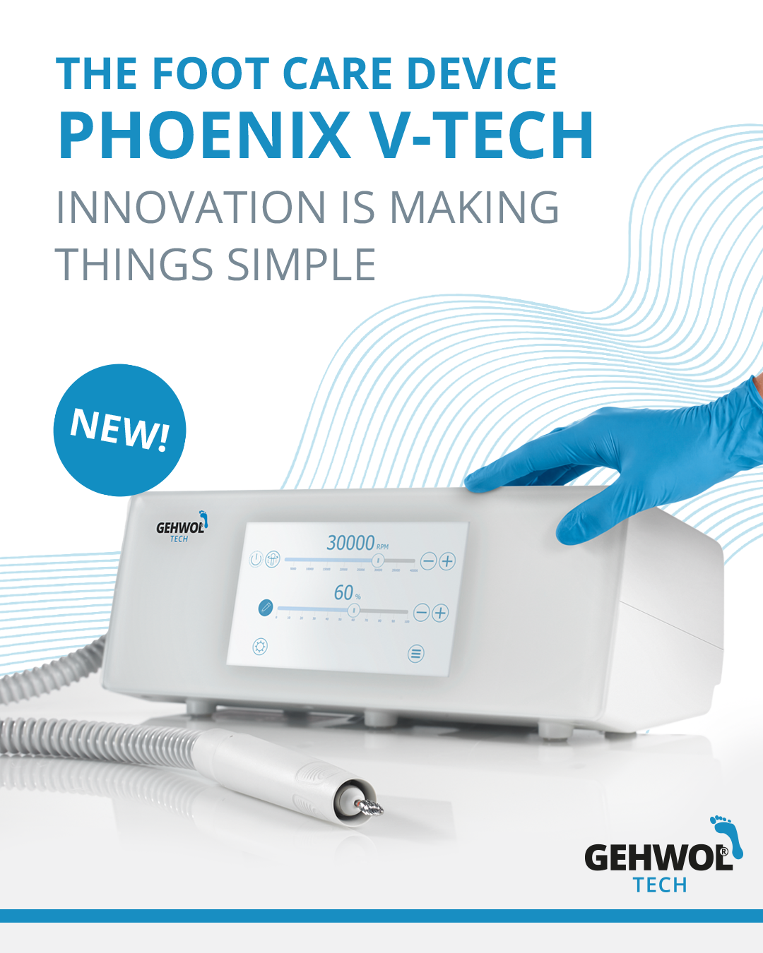 New GEHWOL TECH Phoenix V-TECH podology device with touchscreen and handpiece, now available in Cyprus